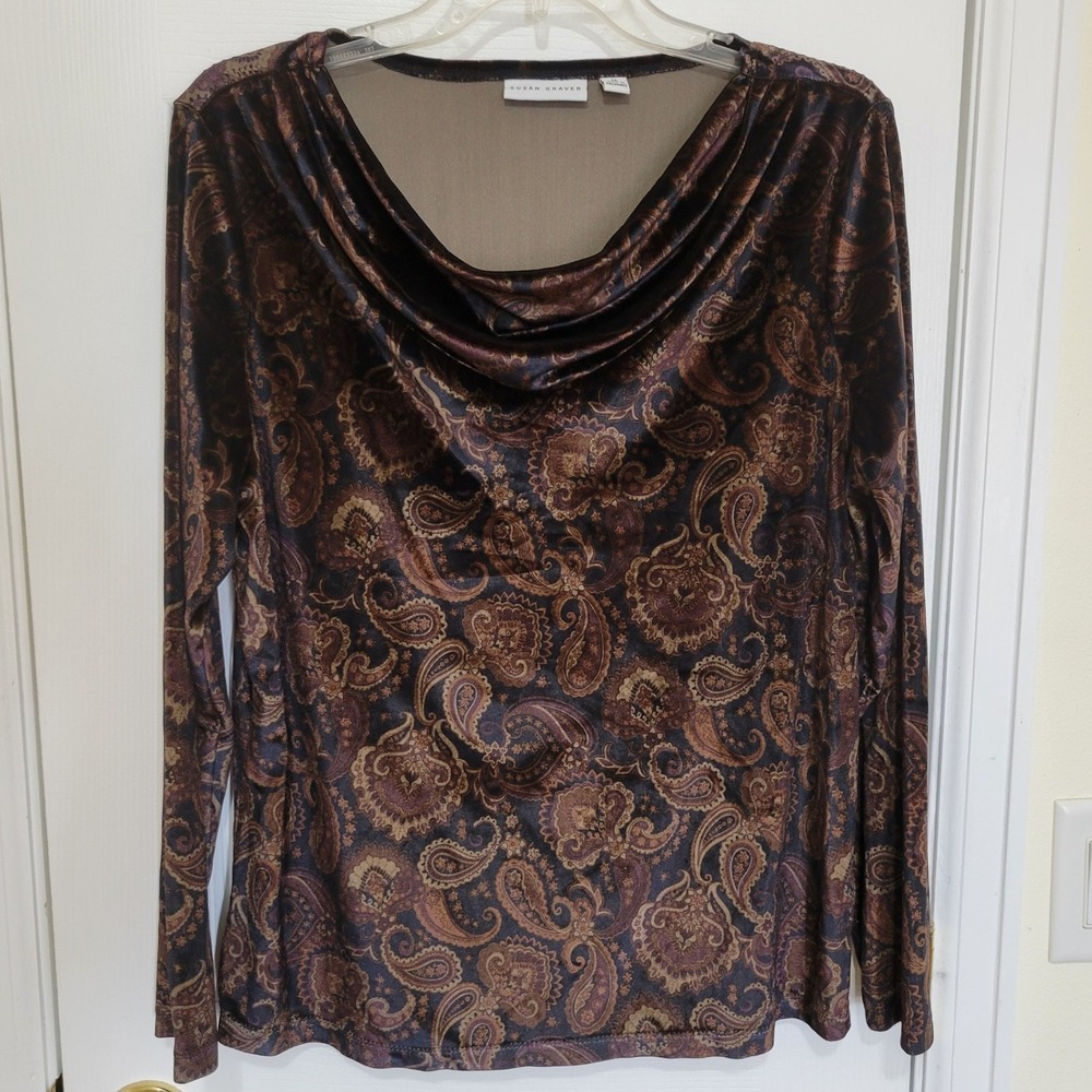 Susan Graver Brown Paisley Stretch Velvet Cowl Neck Long Sleeve Top Size M